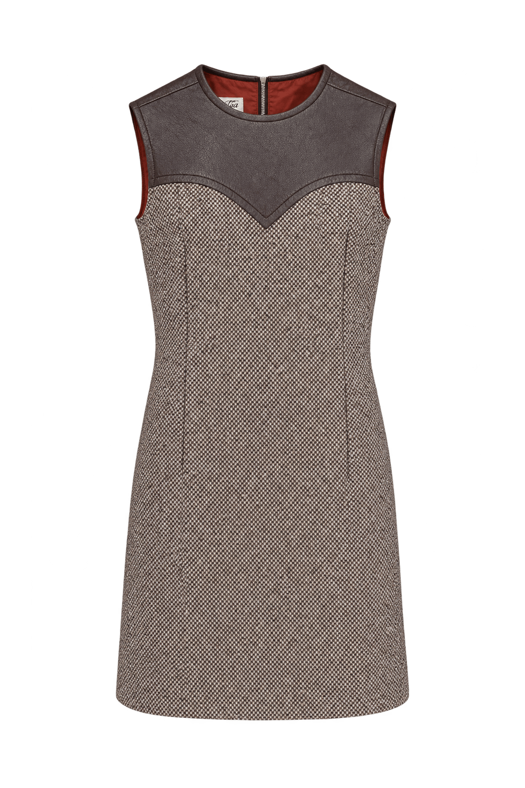 1960s Brown and Cream Woven Shift Dress - Front View