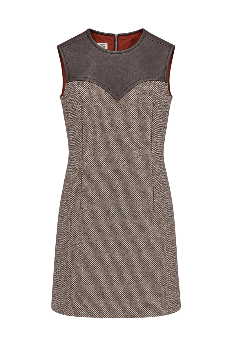 1960s Brown and Cream Woven Shift Dress - Front View