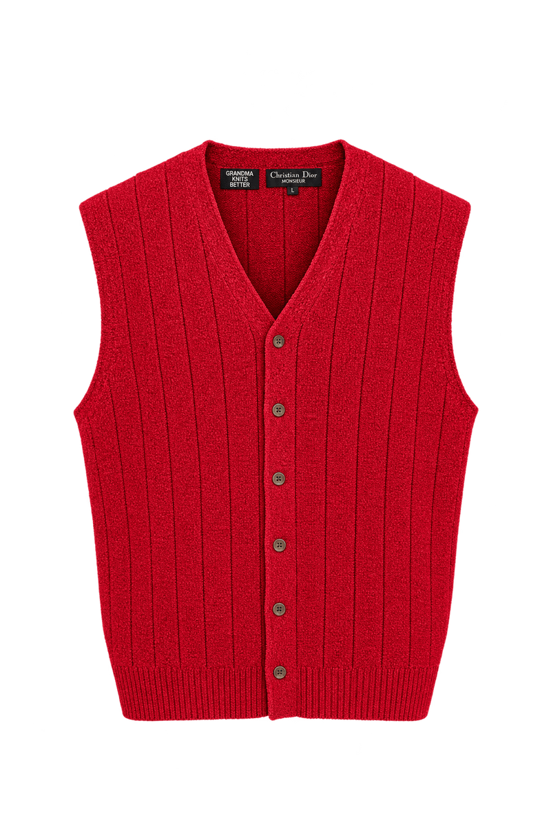 1980s Bright Crimson Red Knitted Vest - Front View