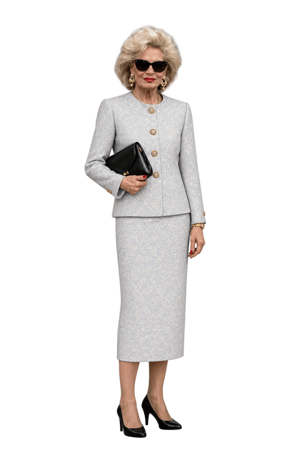 1980s Pale Blue Woven Jacquard Skirt Suit - Model