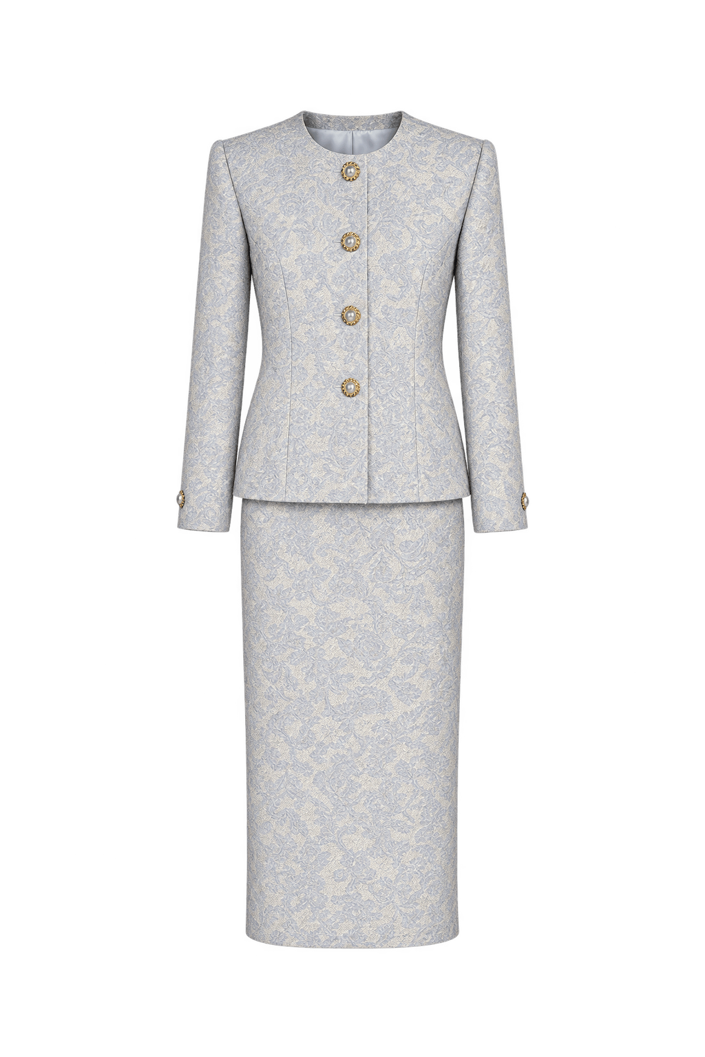 1980s Pale Blue Woven Jacquard Skirt Suit - Front View
