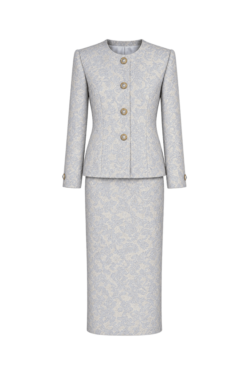 1980s Pale Blue Woven Jacquard Skirt Suit - Front View