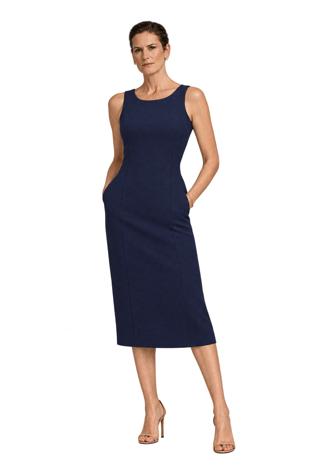 1990s Dark Navy Blue Unverified Woven Fabric Midi Dress - Model