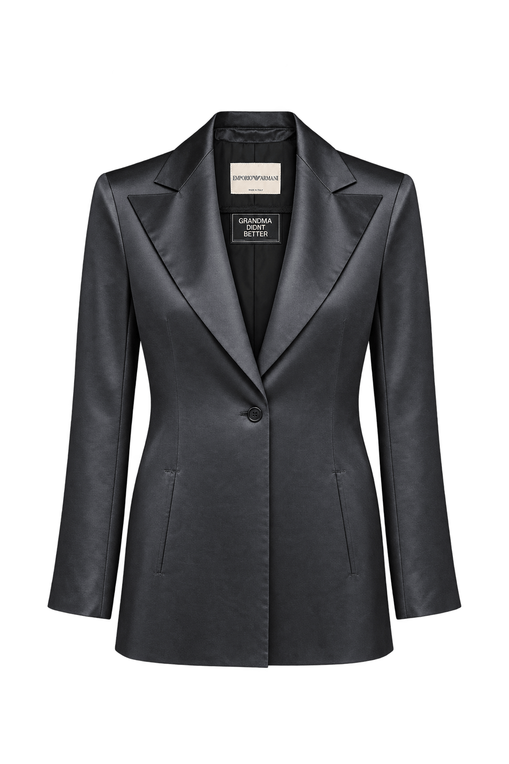 1990s Dark Charcoal Gray Satin Blazer - Front View