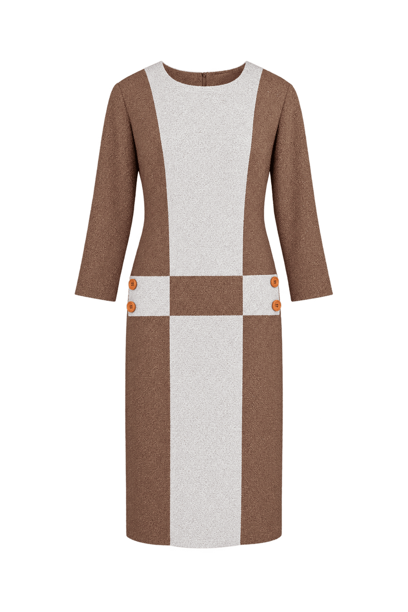 1970s Warm Brown Textured Woven Midi Dress - Front View