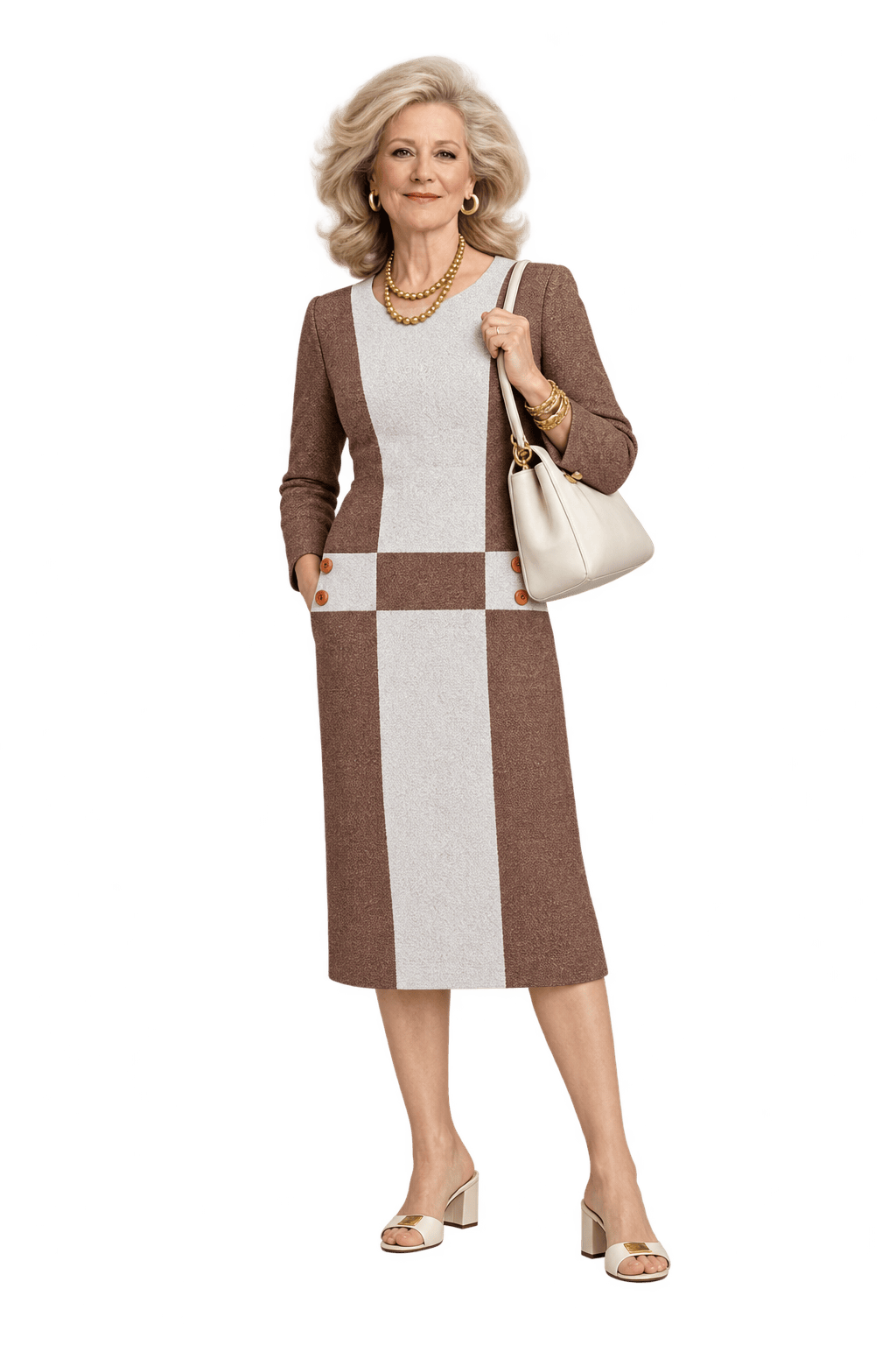 1970s Warm Brown Textured Woven Midi Dress - Model