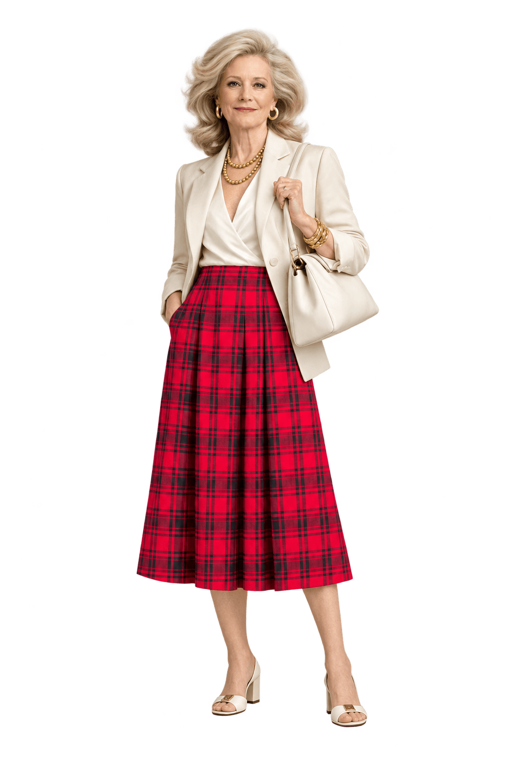 1970s Bright Red Woven Plaid Skirt - Model
