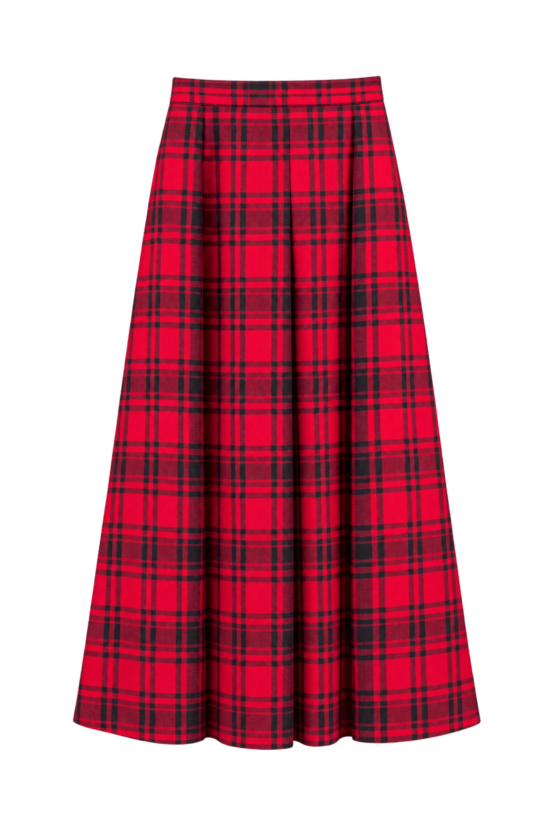 1970s Bright Red Woven Plaid Skirt - Front View