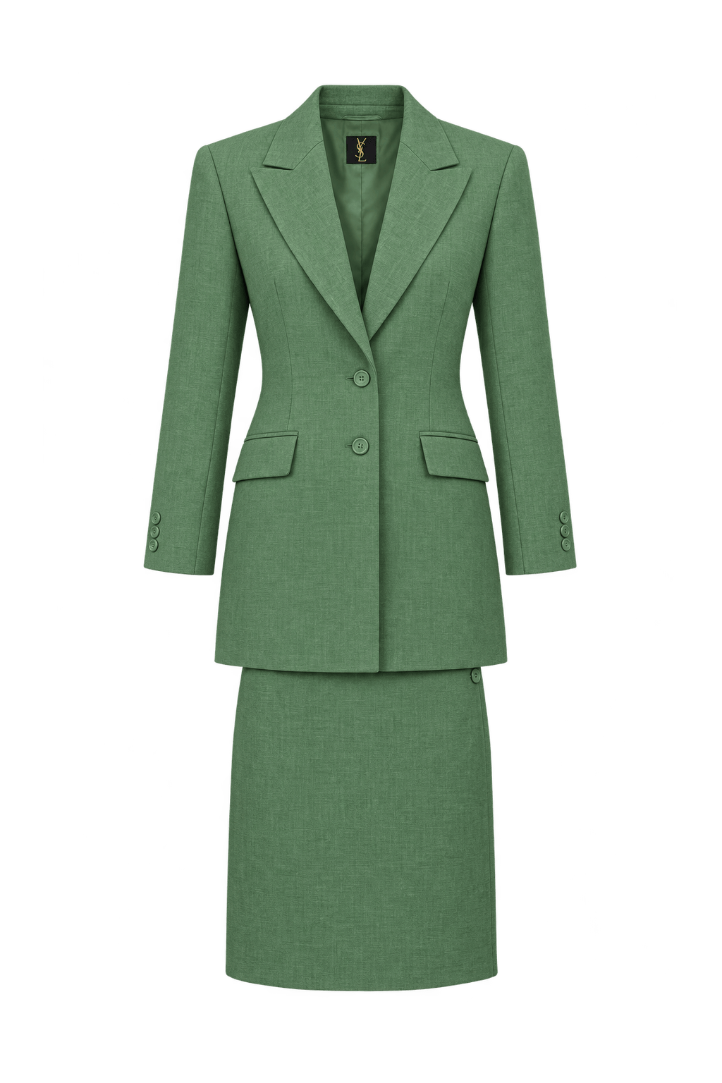 1970s Soft Leaf Green Woven Fabric Skirt Suit - Front View