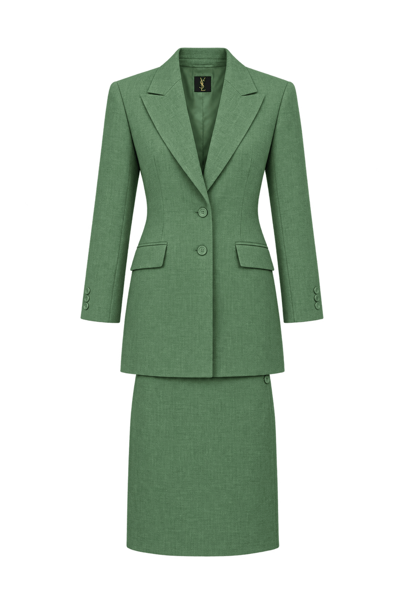 1970s Soft Leaf Green Woven Fabric Skirt Suit - Front View