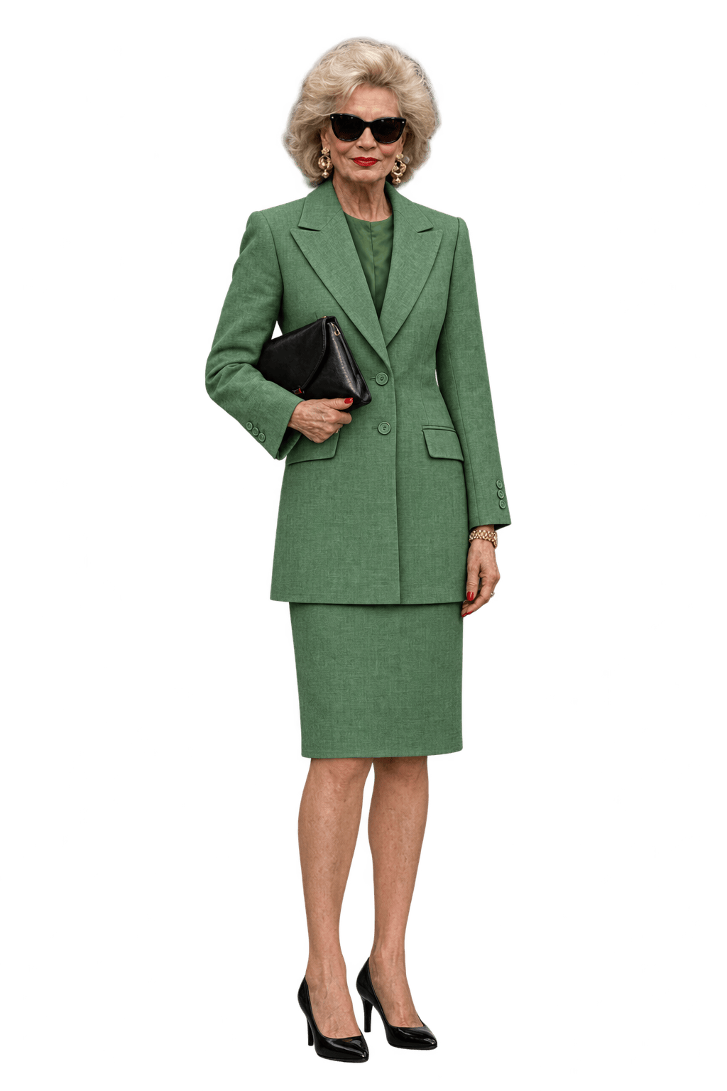 1970s Soft Leaf Green Woven Fabric Skirt Suit - Model