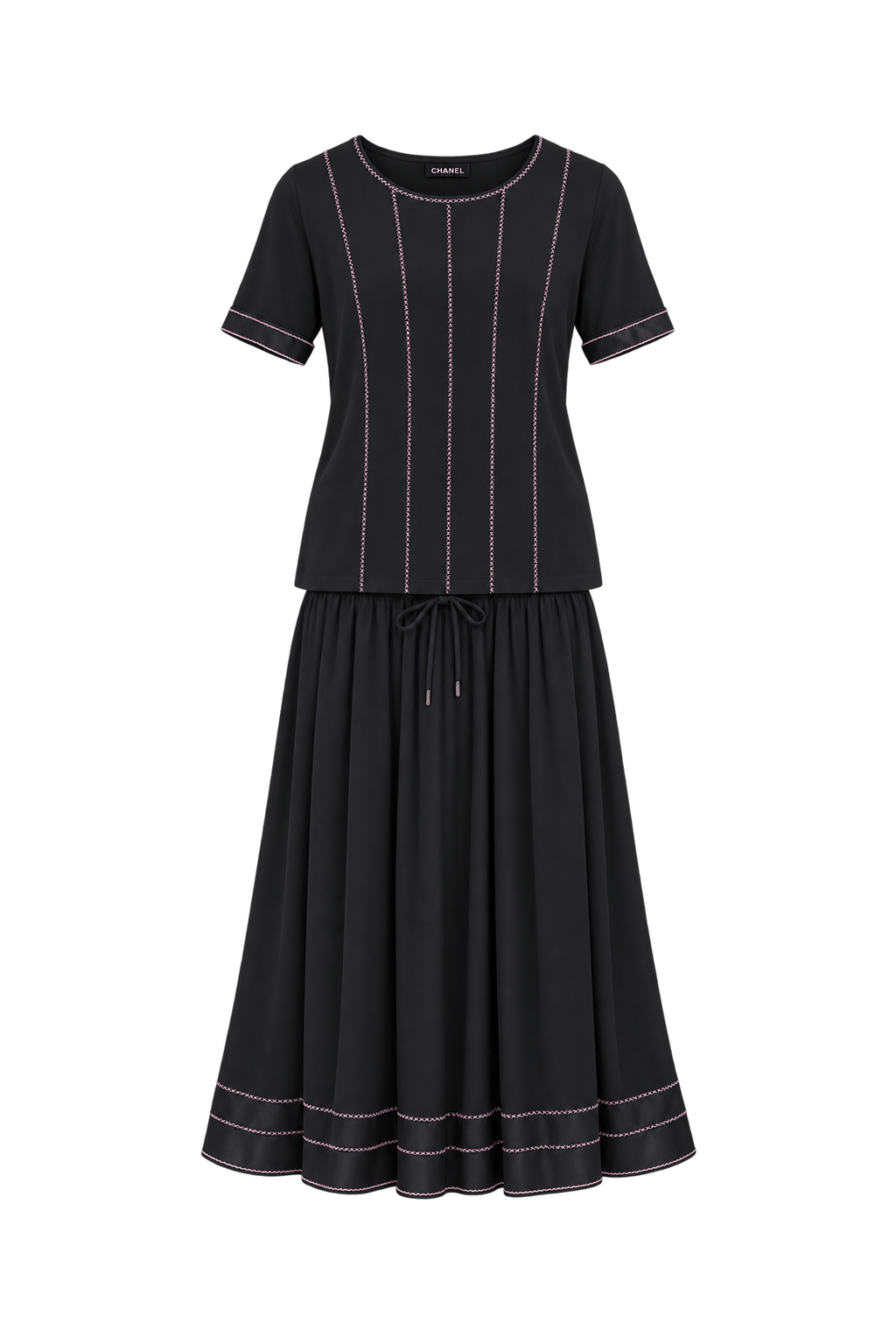 1990s Black Smooth Fabric Matching Top and Skirt Set - Front View