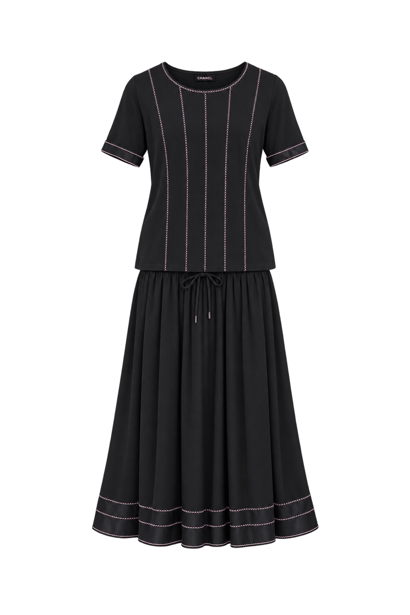 1990s Black Smooth Fabric Matching Top and Skirt Set - Front View