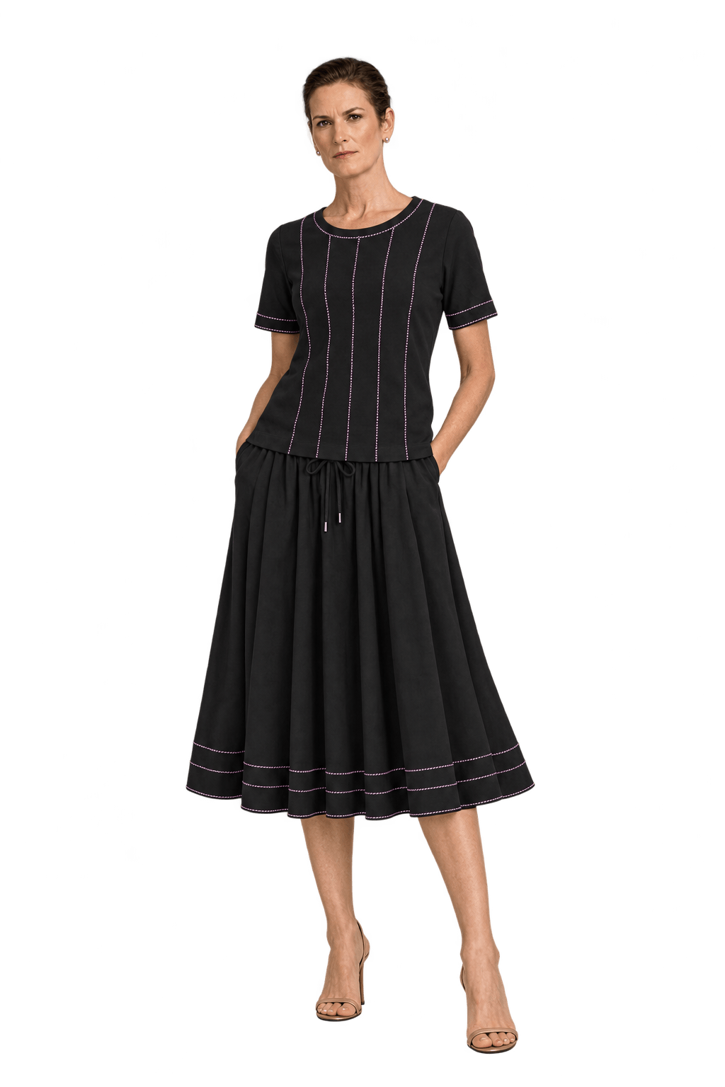 1990s Black Smooth Fabric Matching Top and Skirt Set - Model