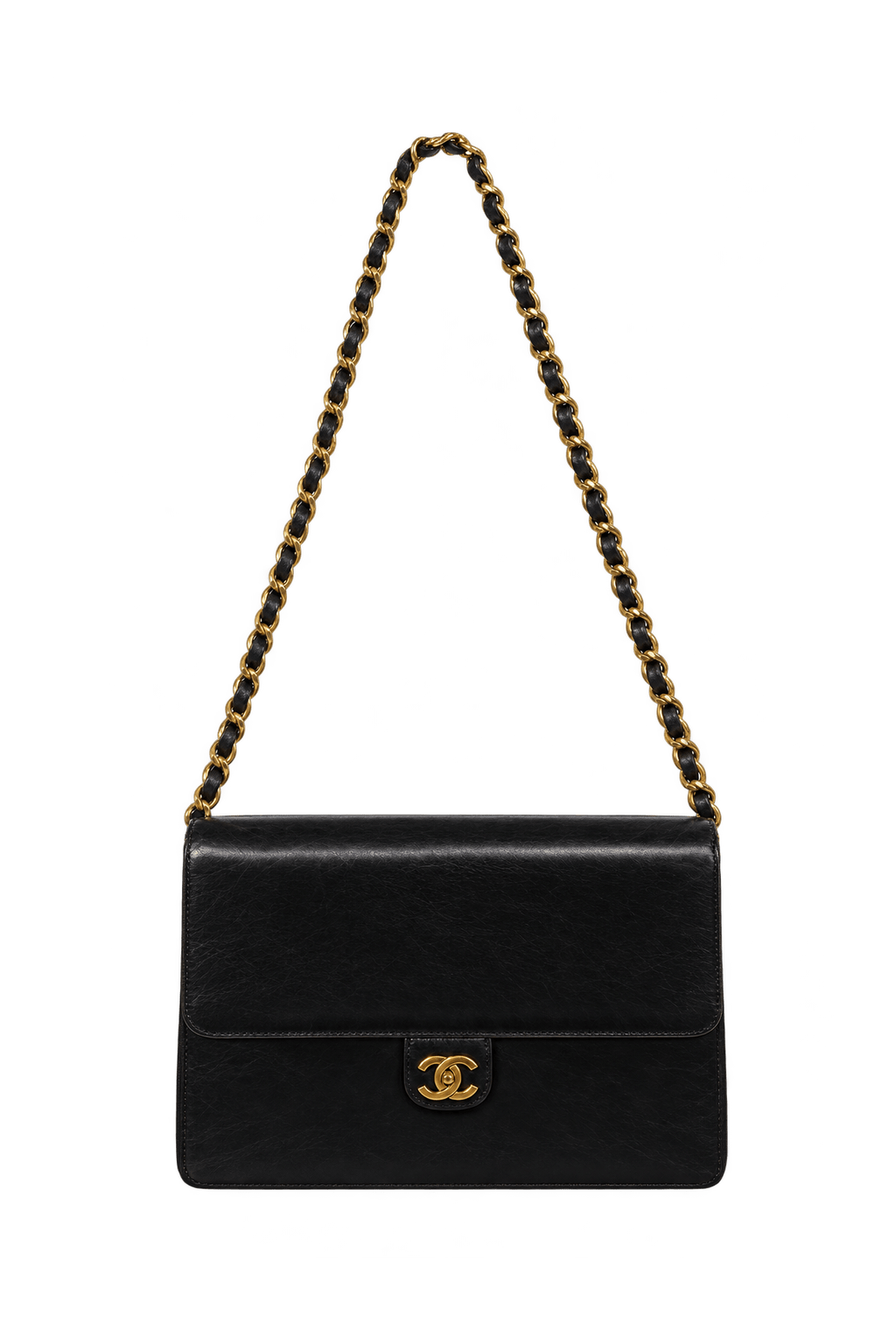 1990s Black Leather-like Shoulder Bag - Front View