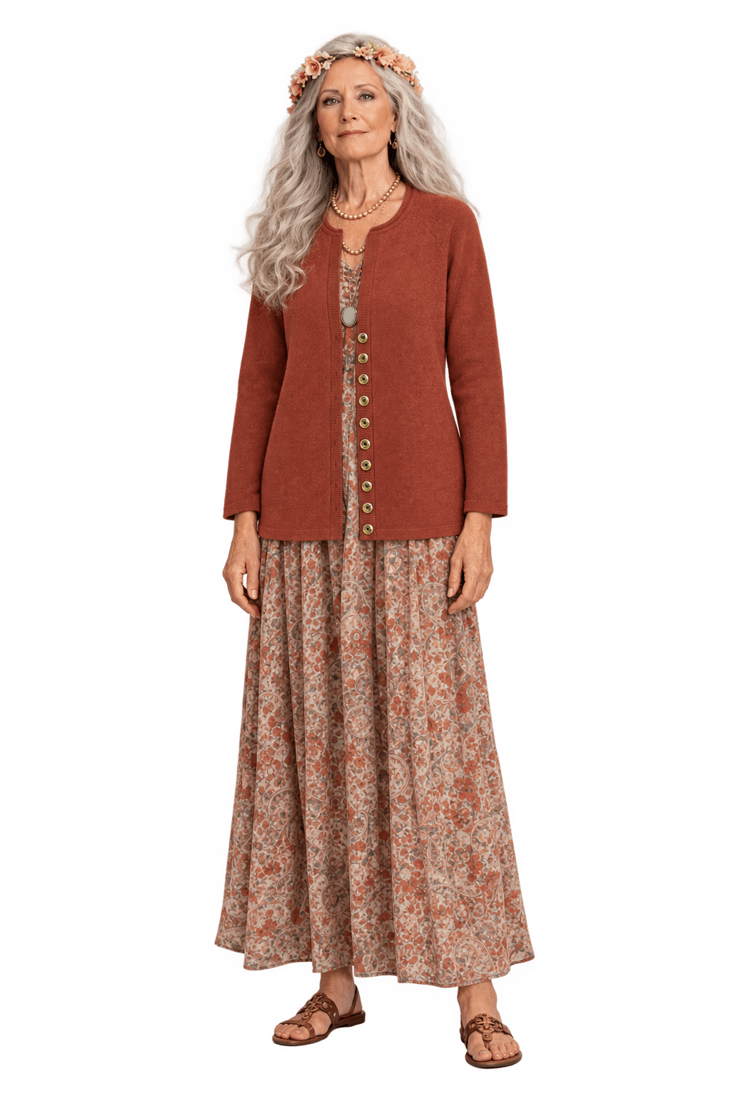 1980s Terracotta Orange Fine Knit Cardigan - Model