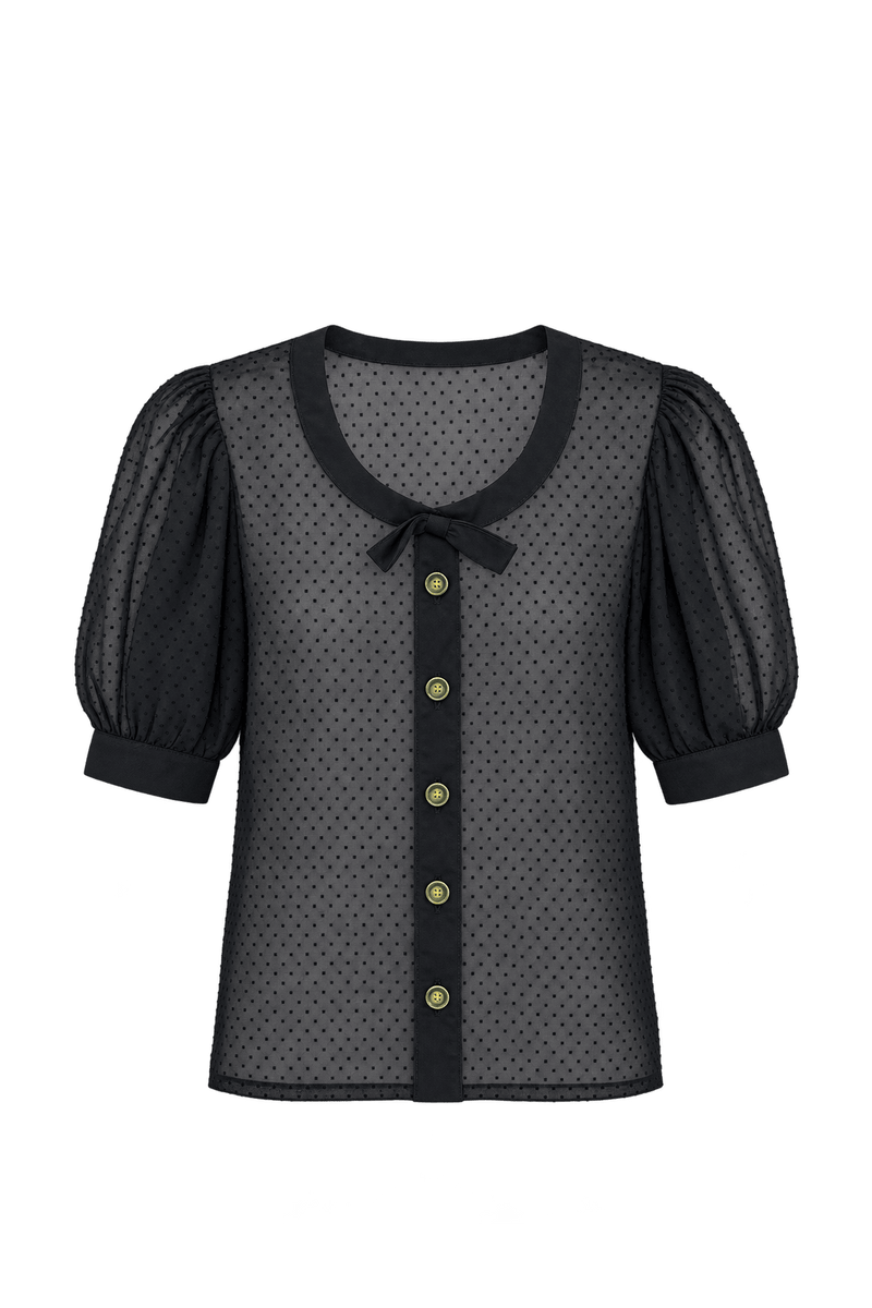 1980s Black Sheer Woven Blouse - Front View