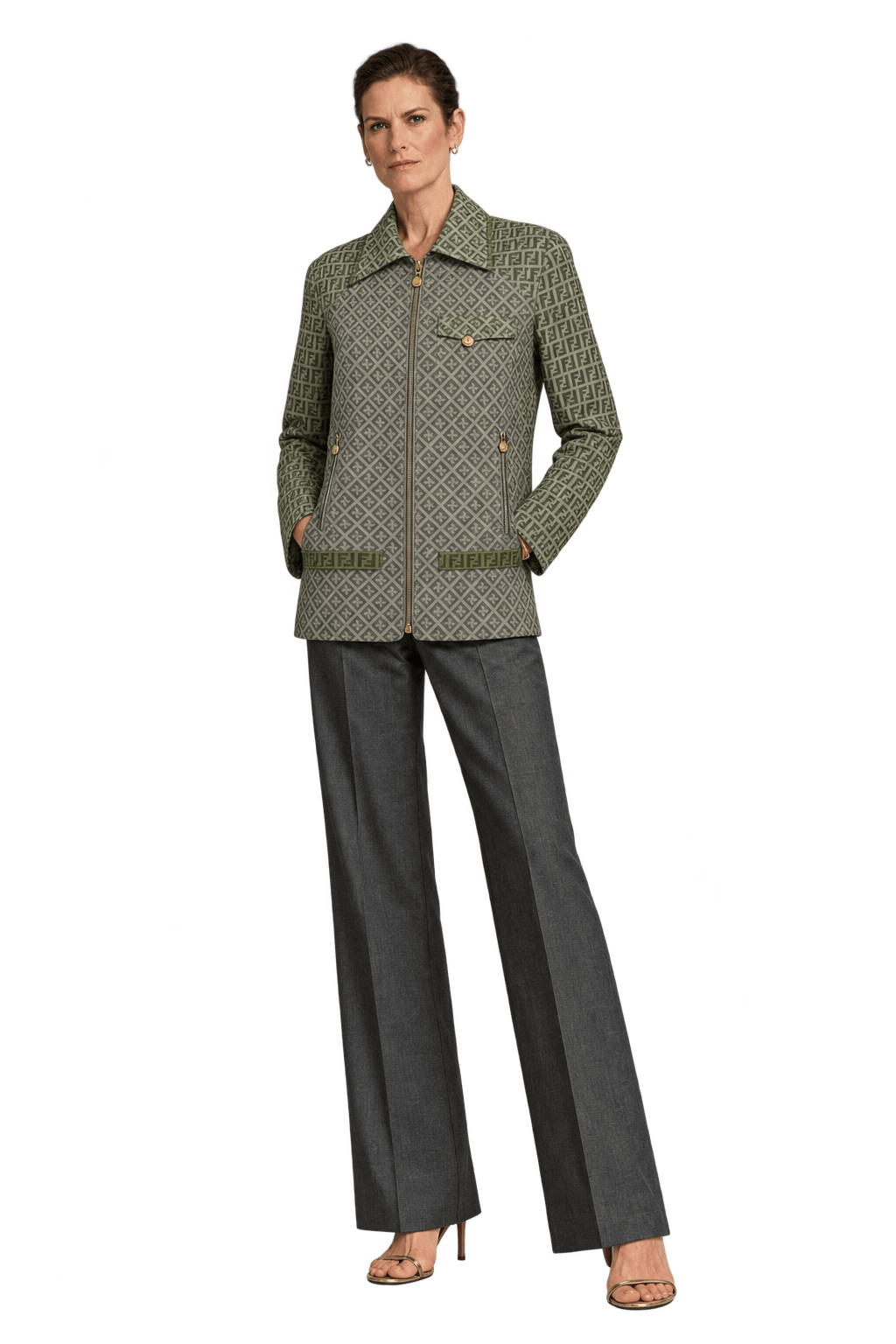 1990s Taupe Brown Woven Fabric Jacket - Model