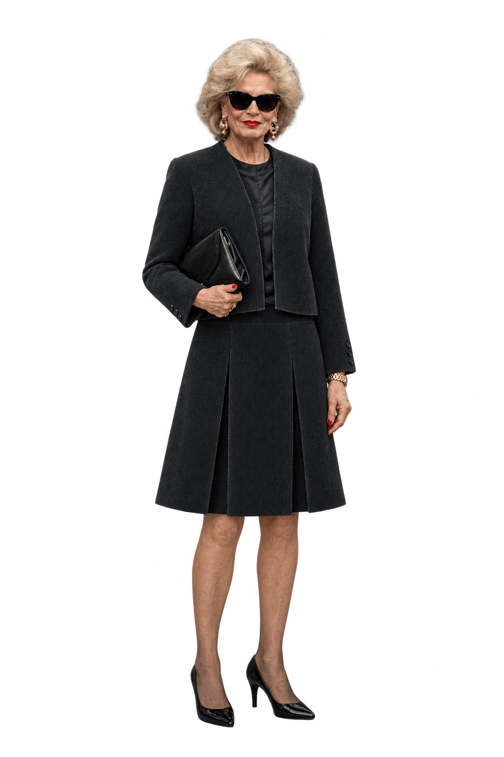 1980s Charcoal Black Corduroy Skirt Suit - Model