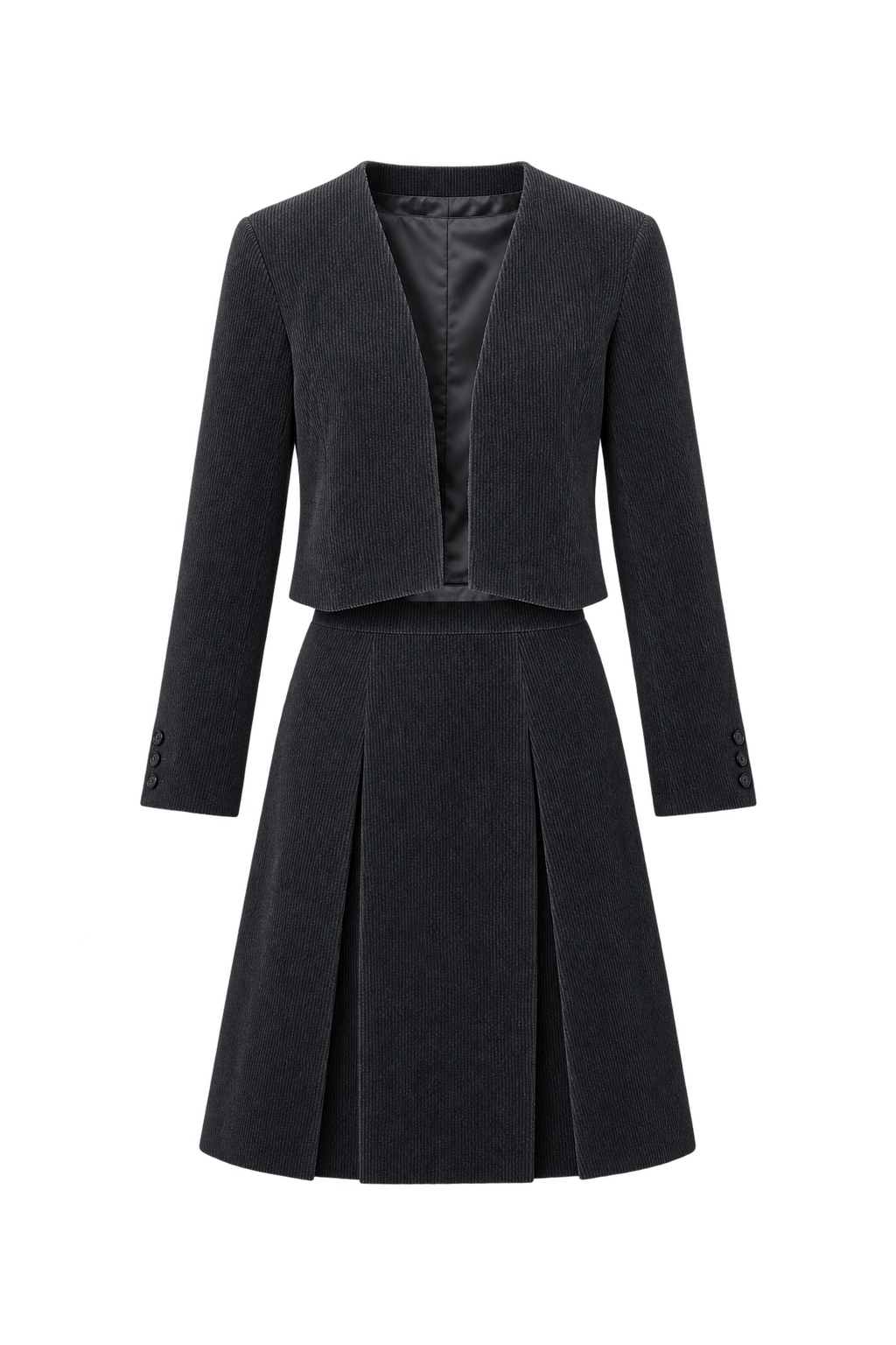1980s Charcoal Black Corduroy Skirt Suit - Front View