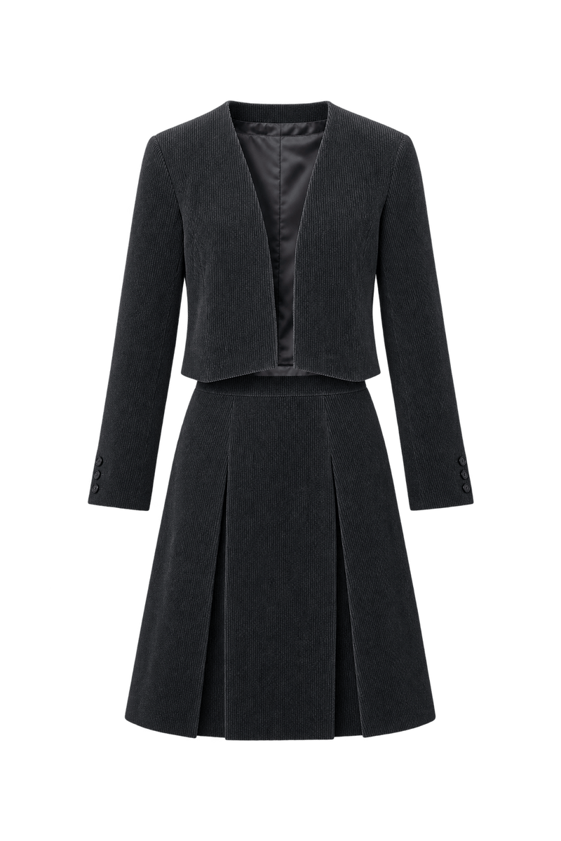 1980s Charcoal Black Corduroy Skirt Suit - Front View