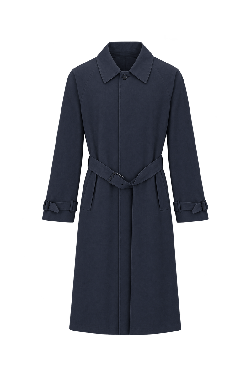 1990s Very Dark Navy Blue Cotton Trench Coat - Front View