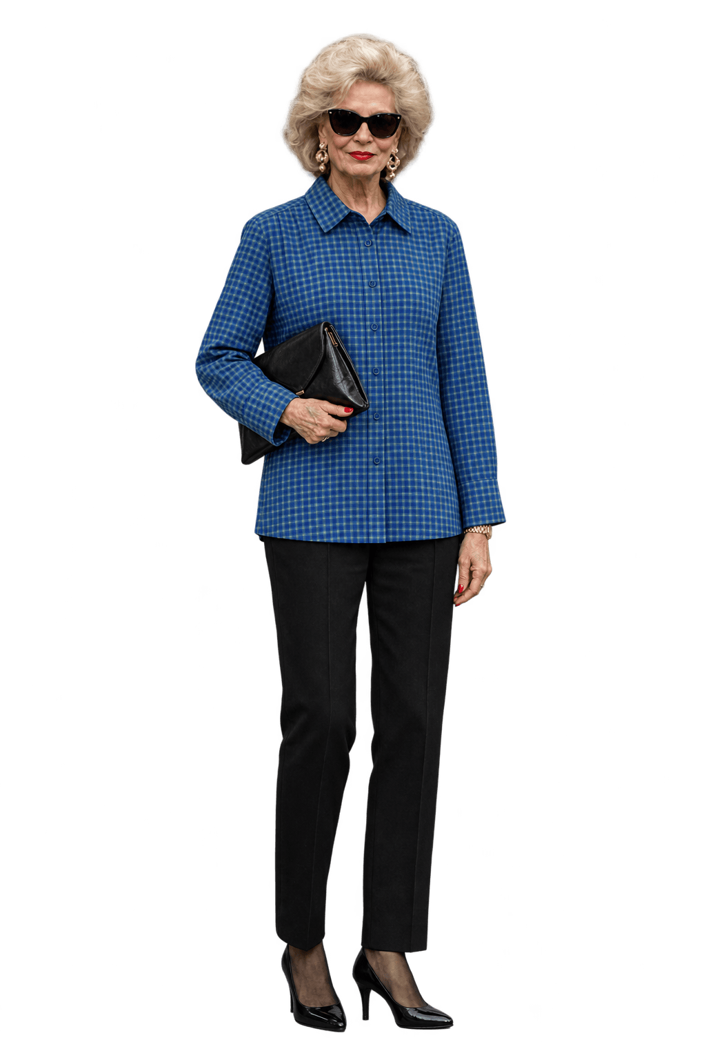 1980s Navy Blue Plaid Woven Fabric Blouse - Model