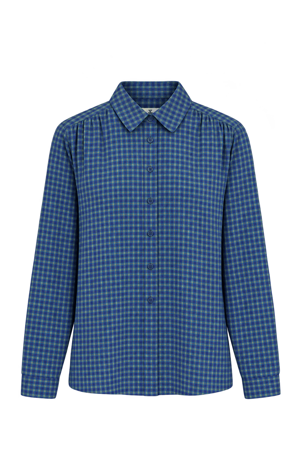 1980s Navy Blue Plaid Woven Fabric Blouse - Front View