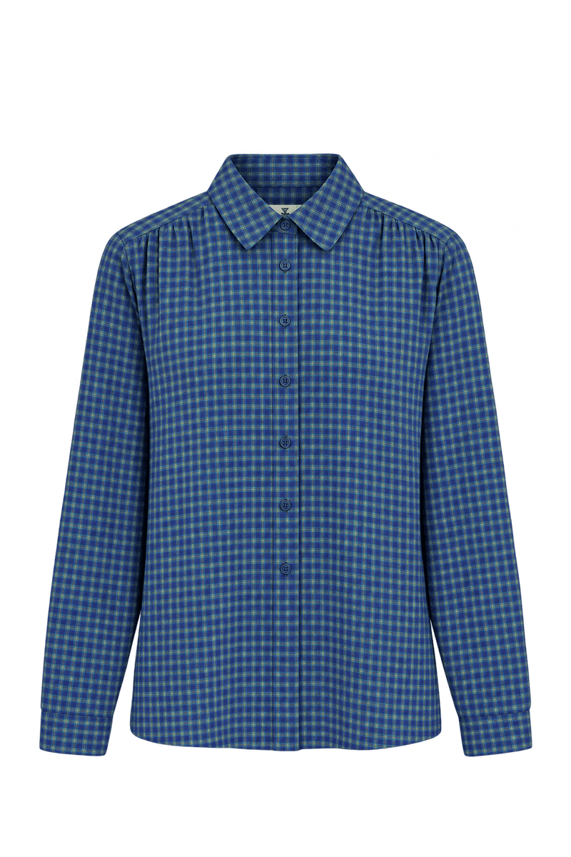 1980s Navy Blue Plaid Woven Fabric Blouse - Front View