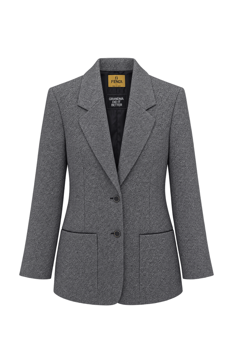1980s Black-and-White Mélange Grey Woven Textile Blazer - Front View