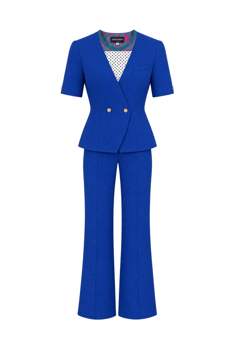 1980s Cobalt Blue Woven Jacket and Top Set - Front View