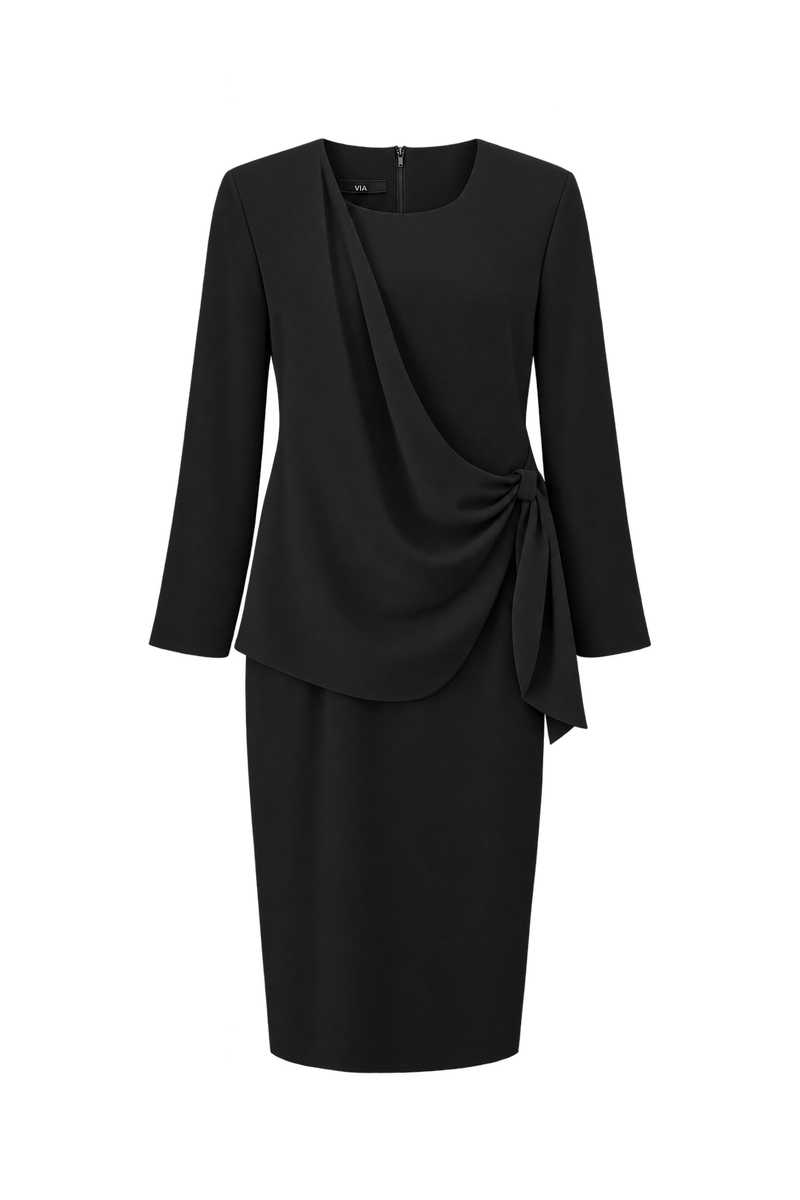 1990s Black Woven Fabric Dress - Front View