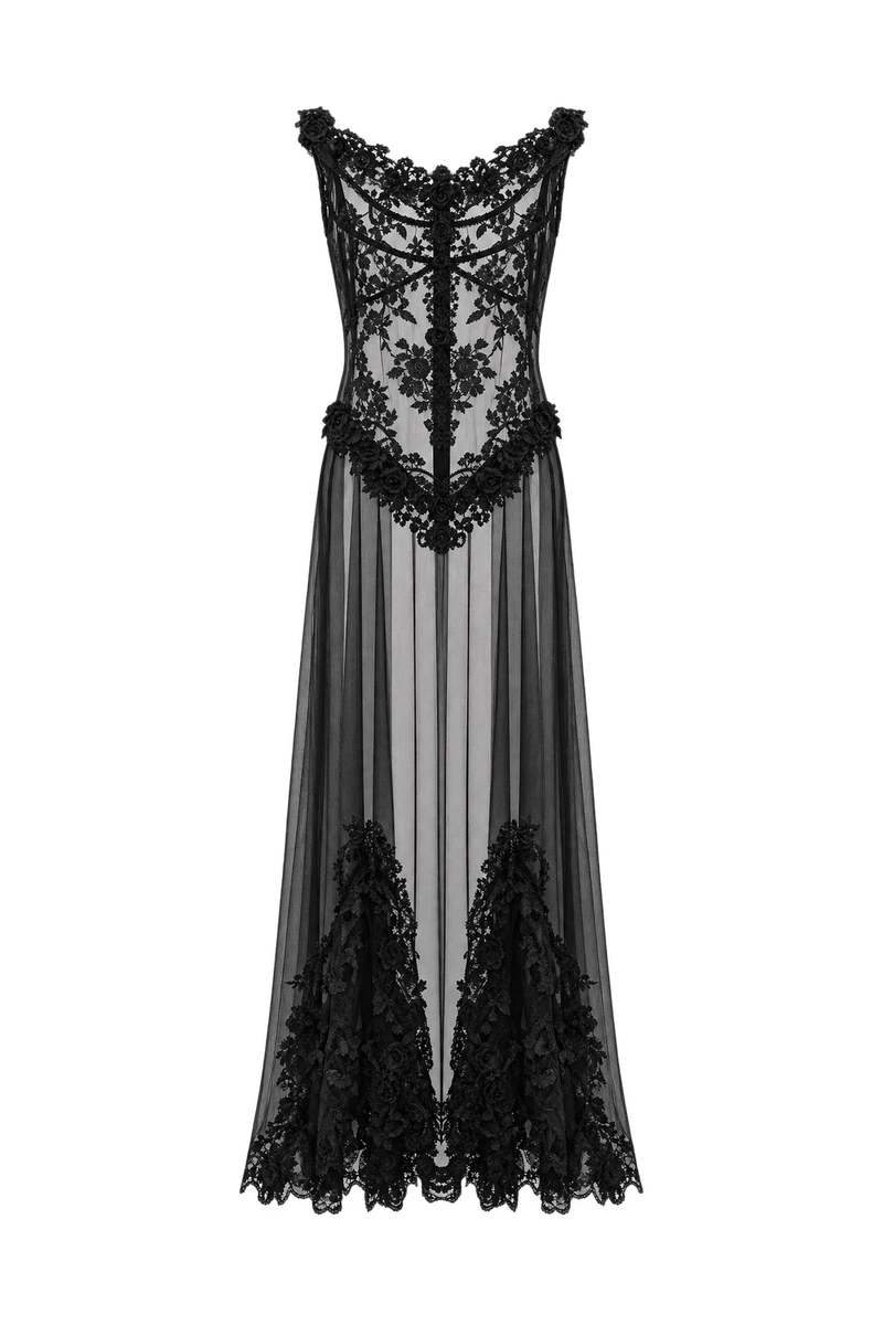 1980s Black Mesh Lace Maxi Dress - Front View