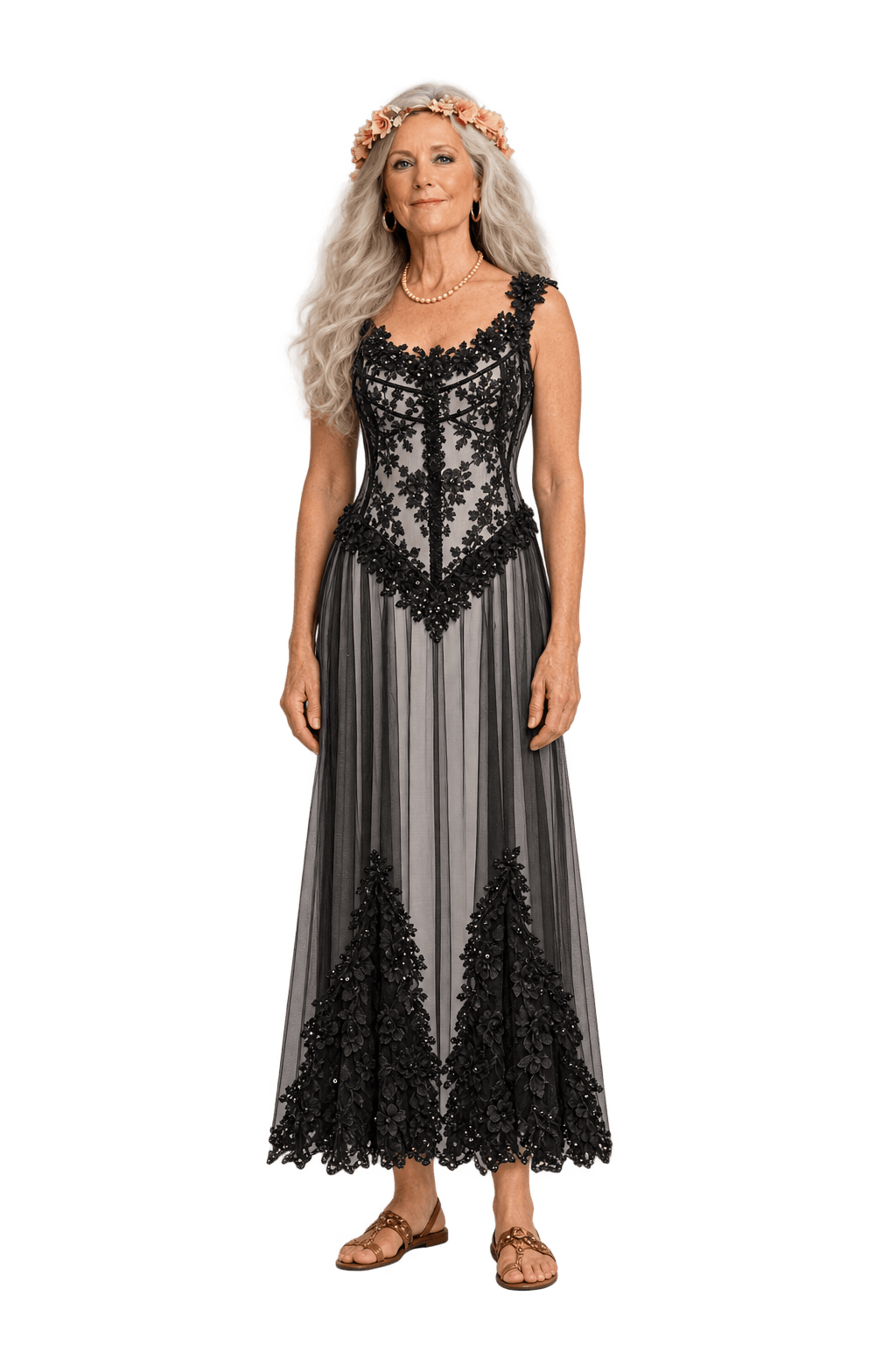 1980s Black Mesh Lace Maxi Dress - Model
