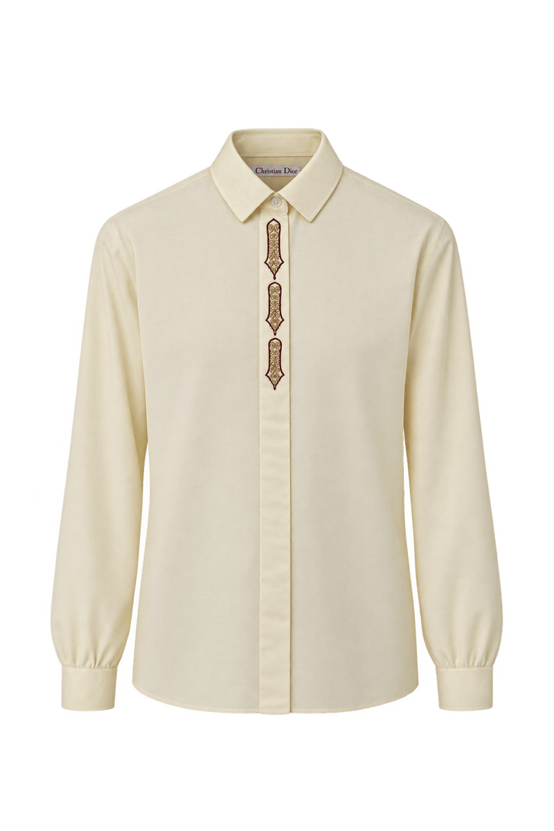 1980s Pale Cream Woven Button-Down Shirt - Front View