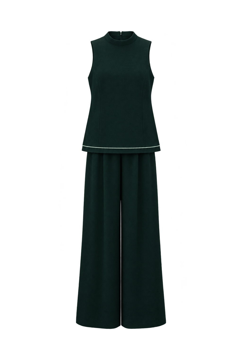 1970s Very Dark Forest Green Woven Fabric Sleeveless Top and Wide-Leg Pants Set - Front View