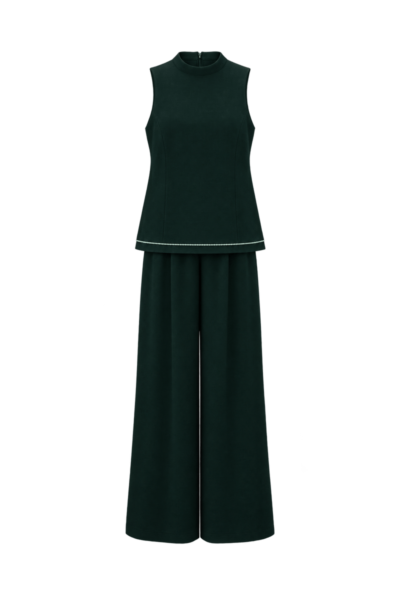1970s Very Dark Forest Green Woven Fabric Sleeveless Top and Wide-Leg Pants Set - Front View
