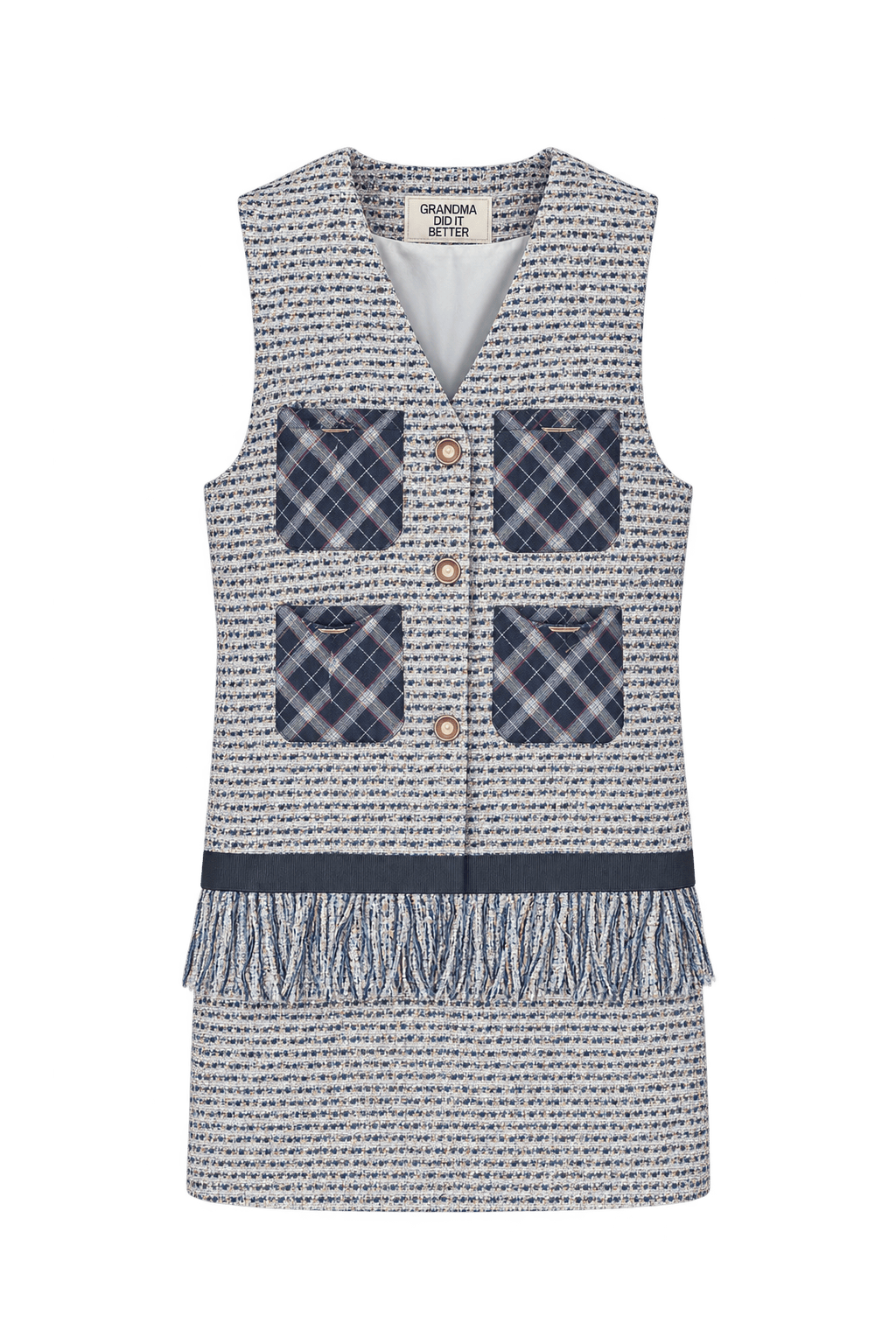 1990s Blue-grey & Cream Woven Vest - Front View