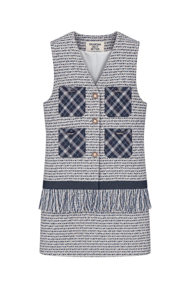 1990s Blue-grey & Cream Woven Vest - Front View