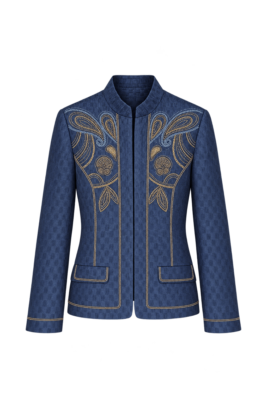 1980s Navy Blue Woven Fabric Jacket - Front View
