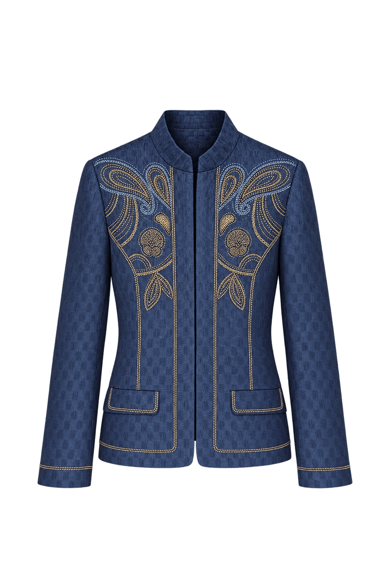 1980s Navy Blue Woven Fabric Jacket - Front View
