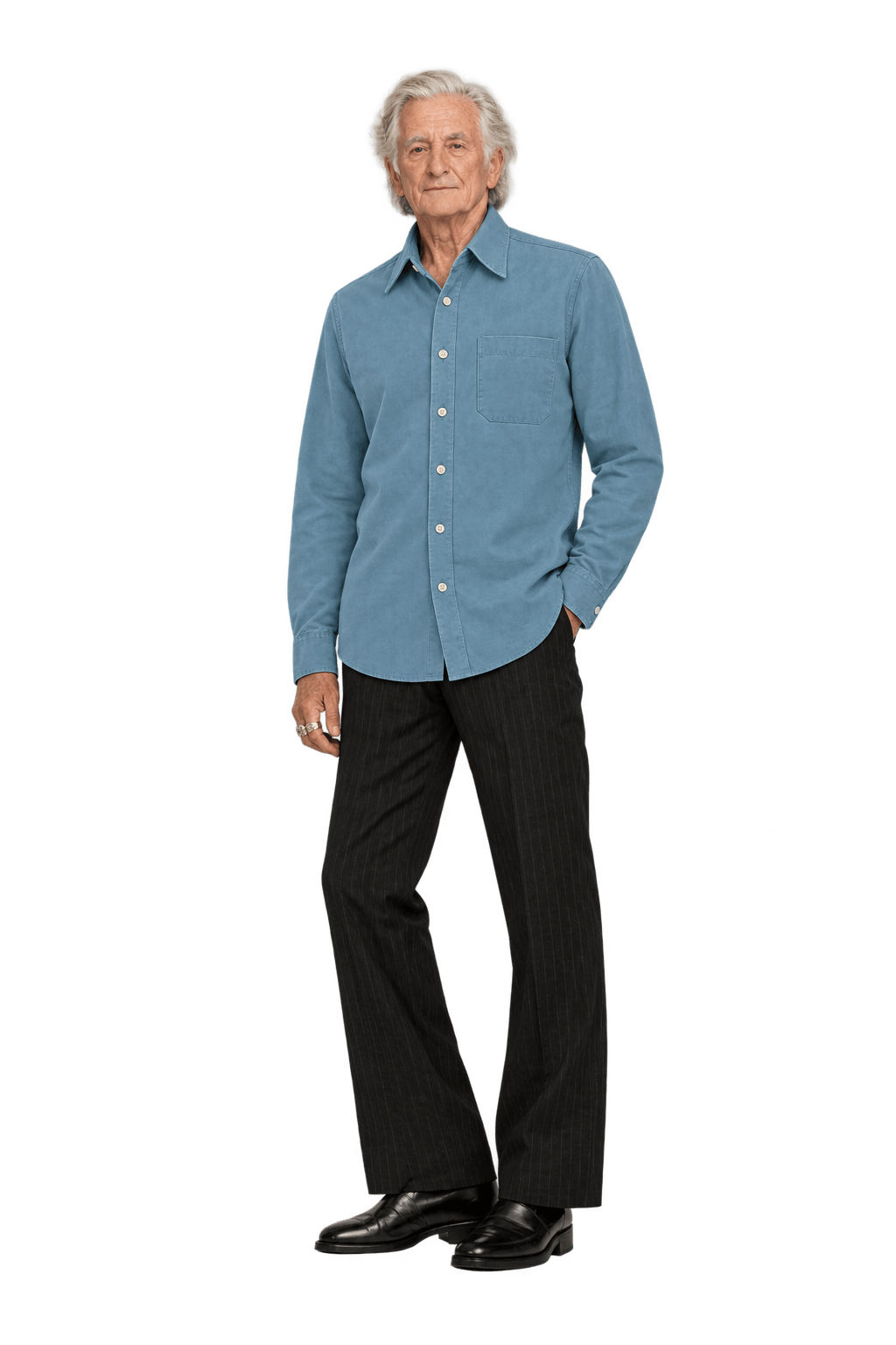 1970s Pale Blue Woven Fabric Button-Down Shirt - Model