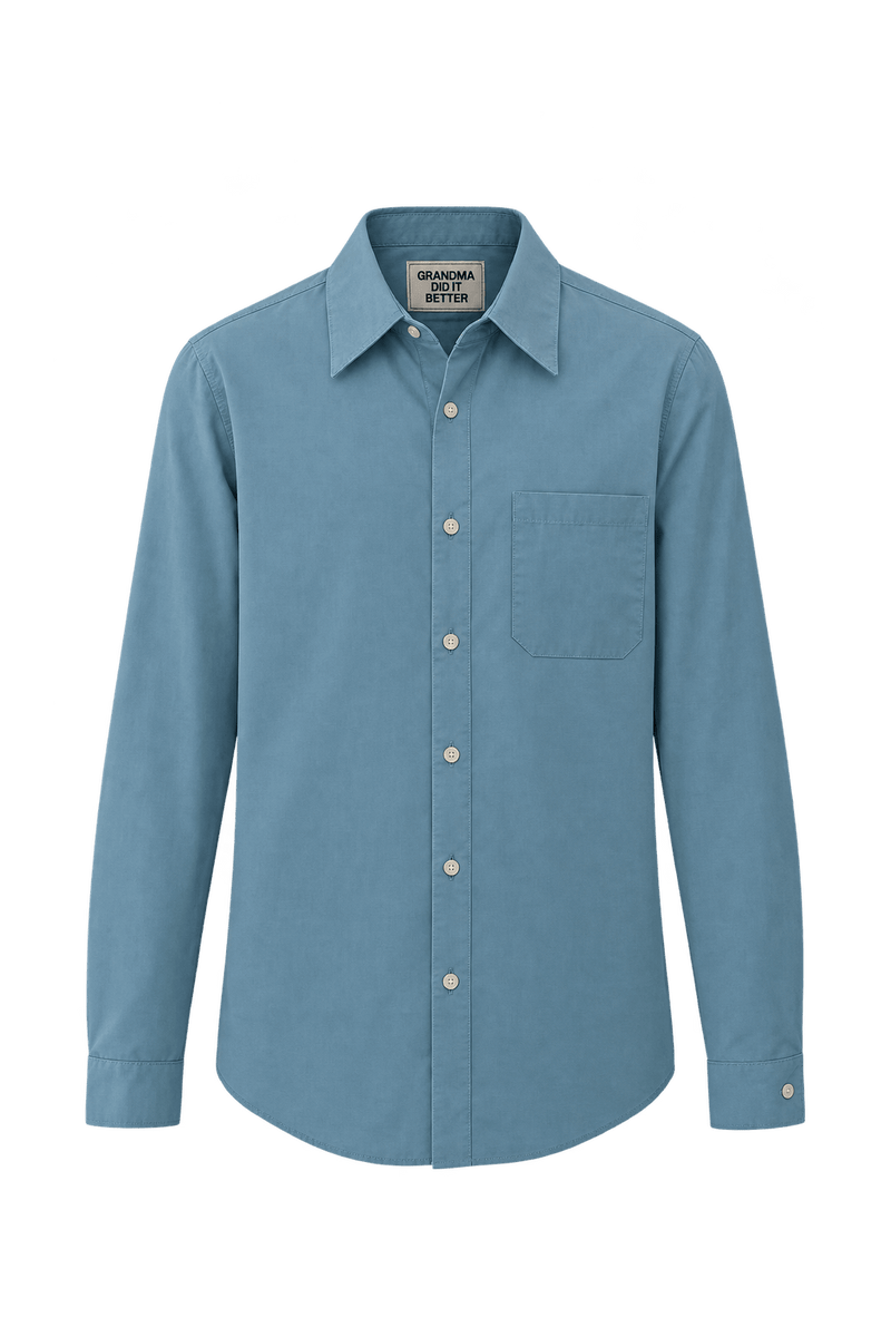 1970s Pale Blue Woven Fabric Button-Down Shirt - Front View