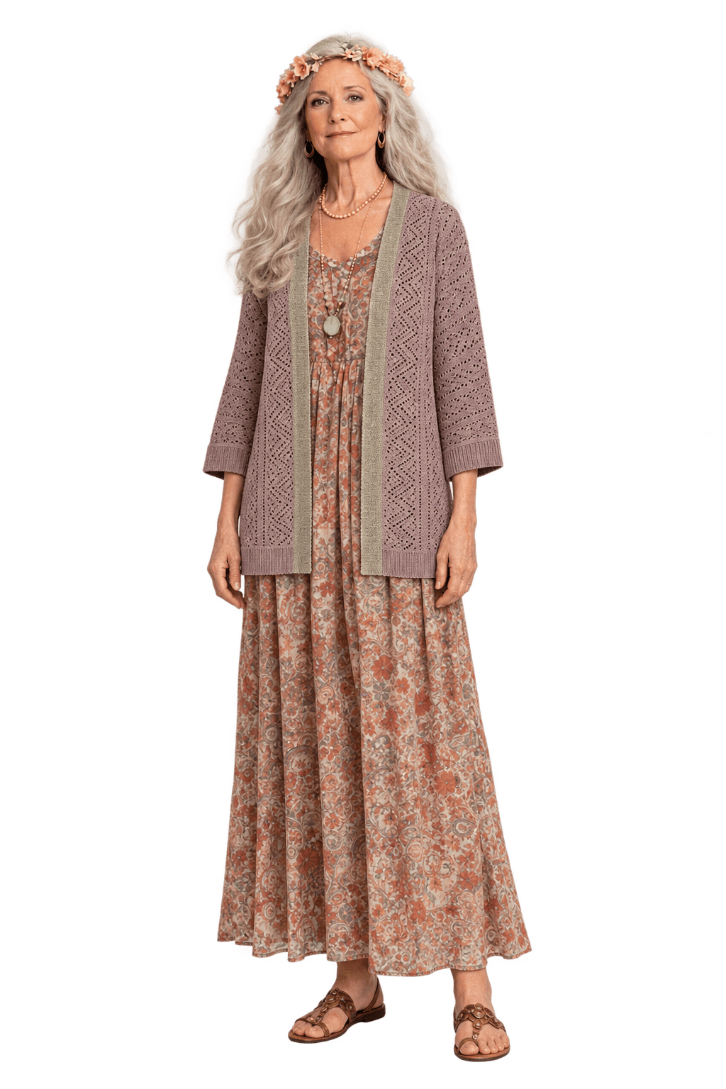 1970s Dusty Taupe Knit Cardigan - Model