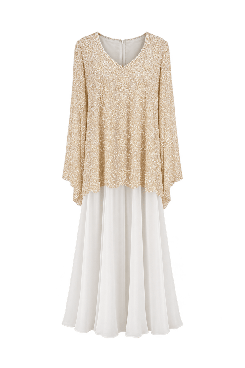 1980s Ivory White Beaded Lace Gown - Front View