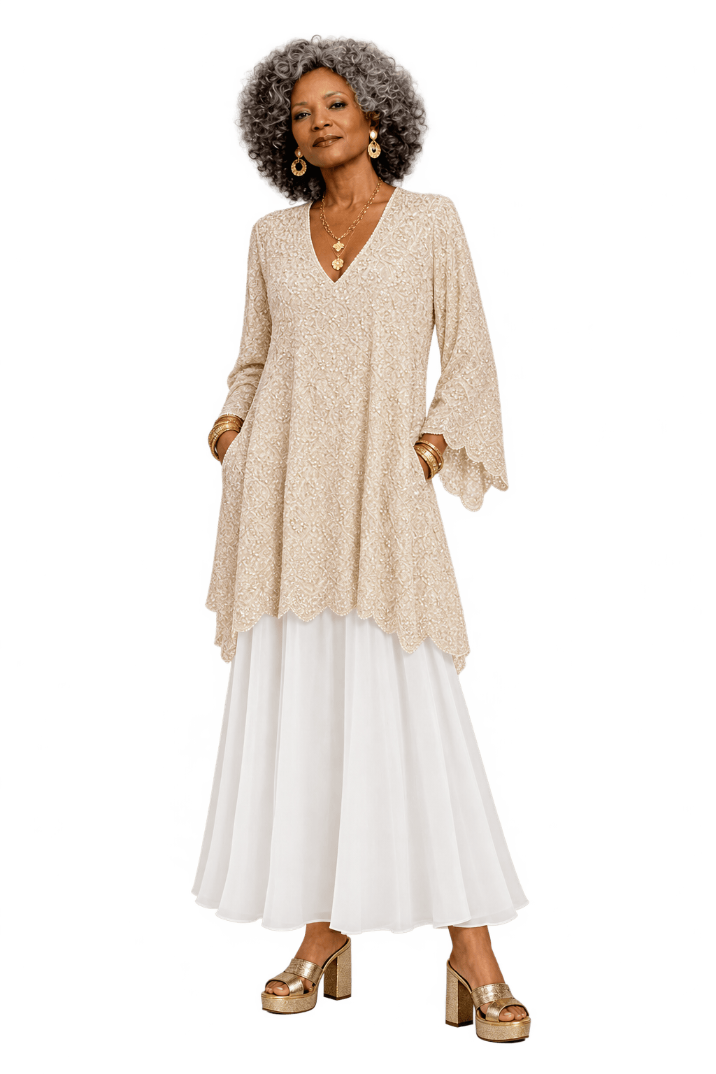 1980s Ivory White Beaded Lace Gown - Model
