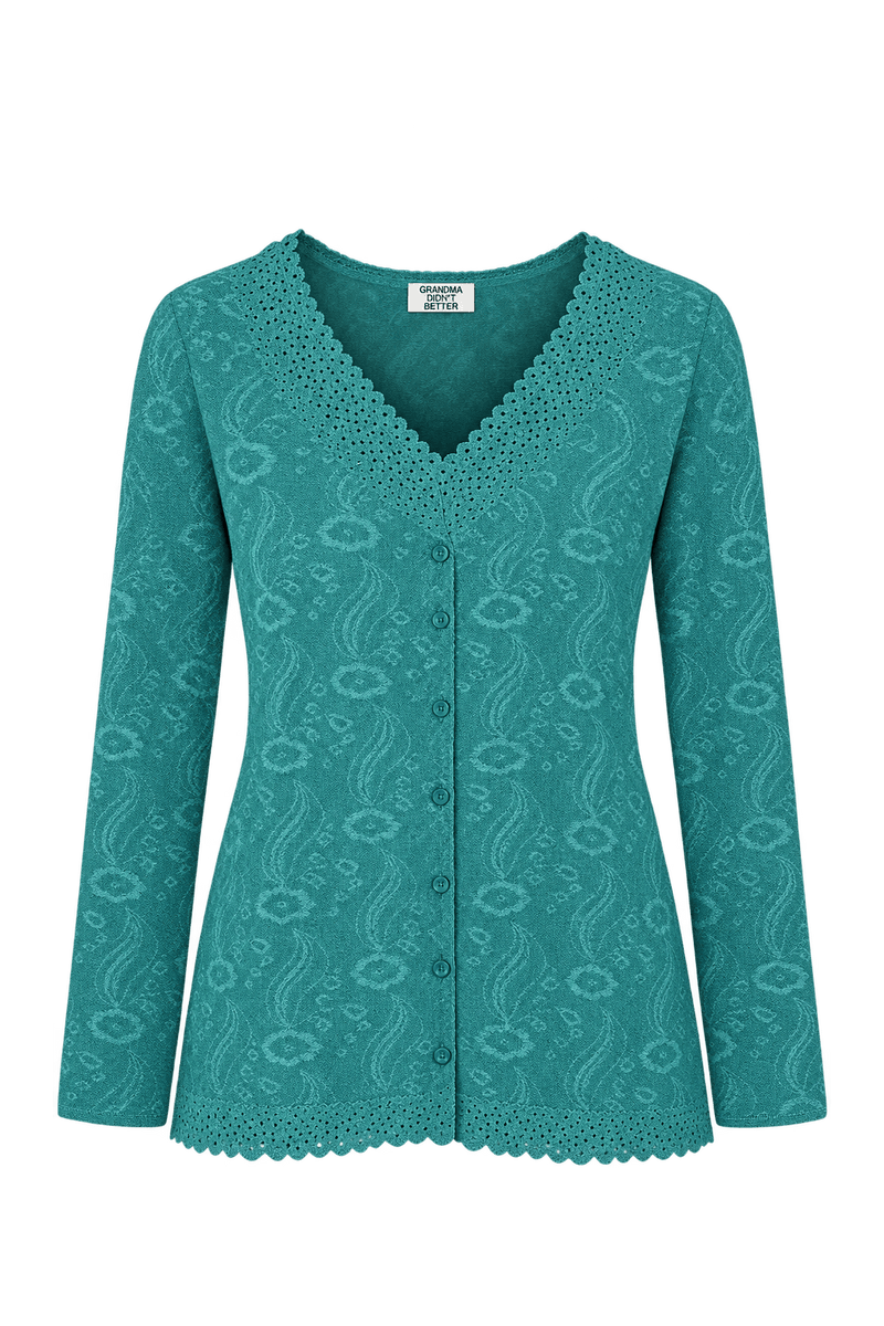 1980s Teal Knit Cardigan - Front View
