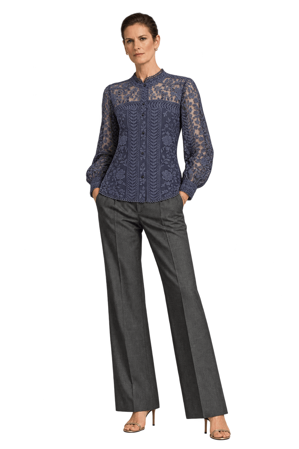 1990s Dark Navy Blue Sheer Mesh Blouse - Model