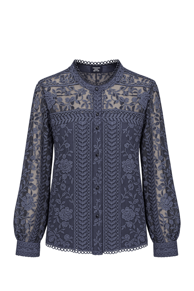 1990s Dark Navy Blue Sheer Mesh Blouse - Front View