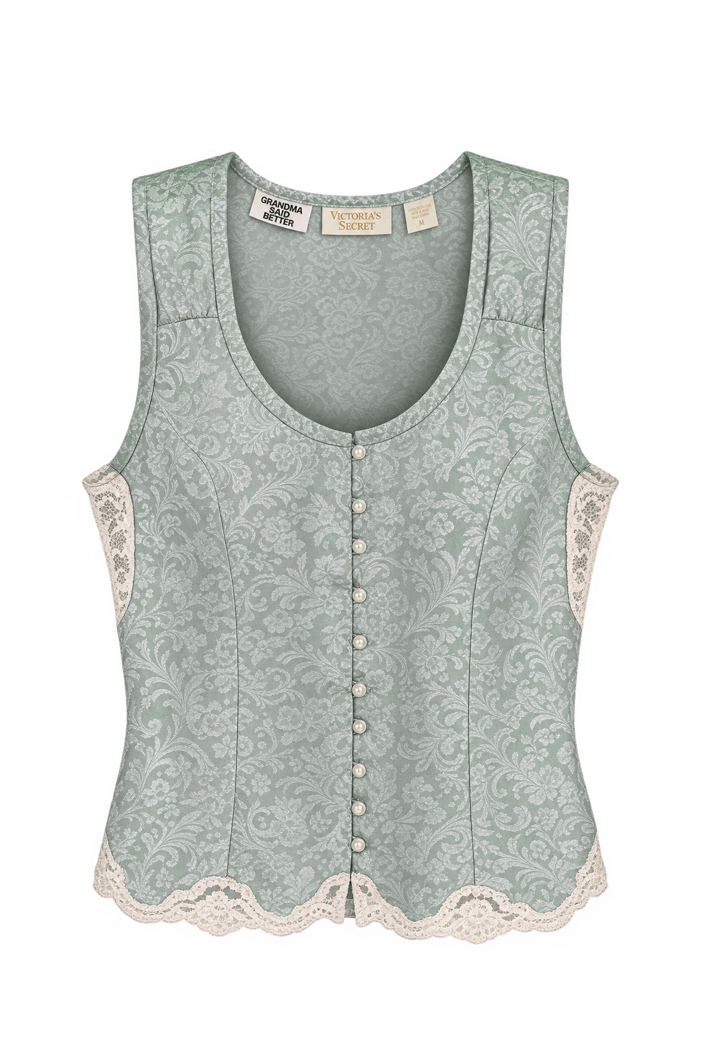1990s Pale Mint Satin Jacquard Tank Top - Front View